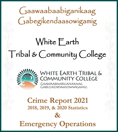 Cover of the White Earth Tribal & Community College Crime Report 2021, including 2018, 2019, and 2020 crime statistics and Emergency Operations information.