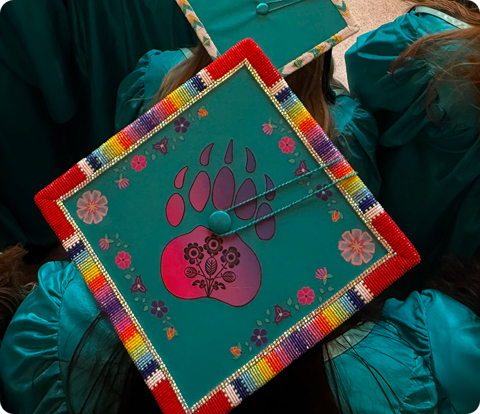 Beaded graduation cap featuring colorful floral and paw print designs, held against teal graduation gowns.